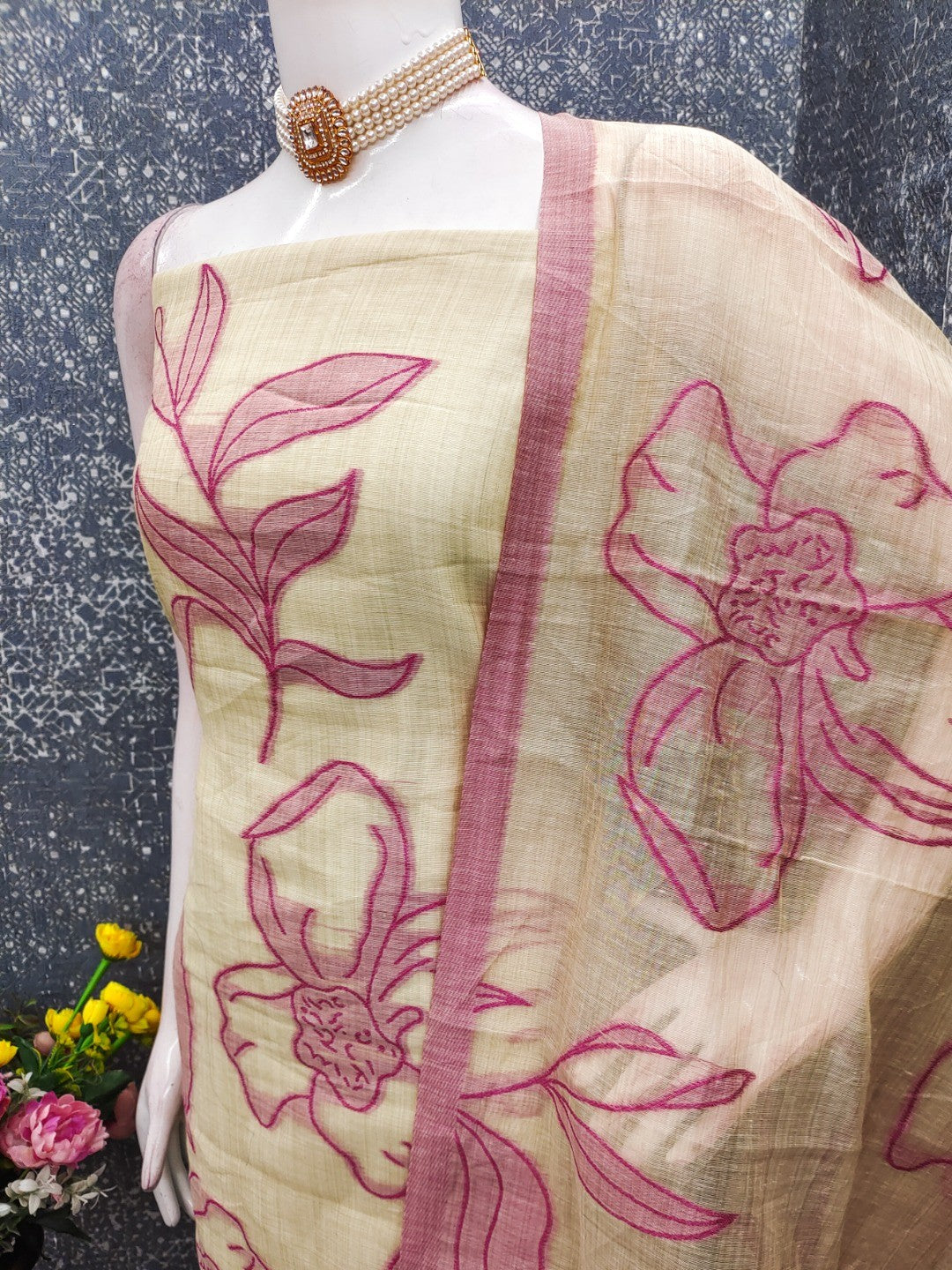 Graceful Cream & Pink Chanderi Cotton Suit Fabric with Floral Printed Dupatta - Image 3