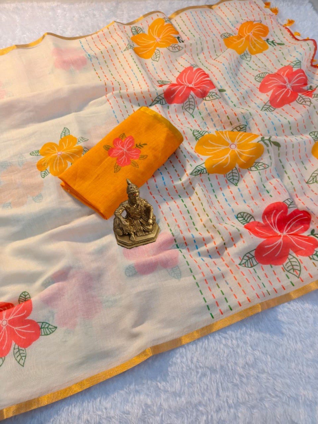White Linen Cotton Saree Adorned with Vibrant Floral Prints and Breezy Texture - Image 3