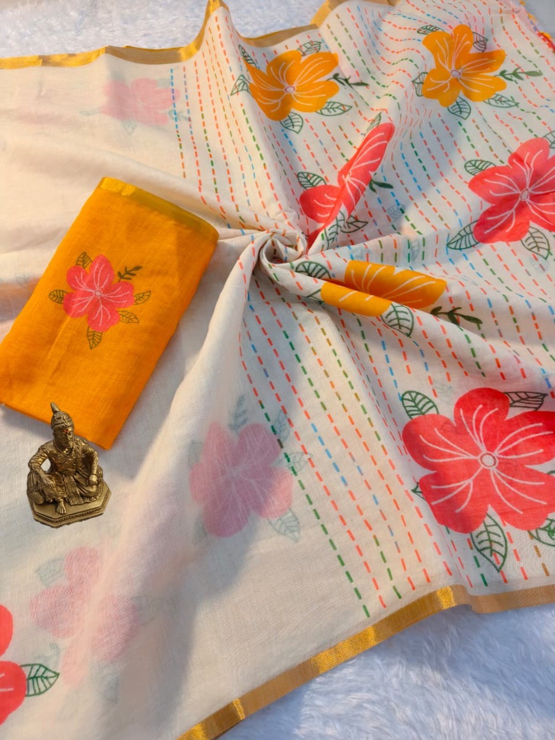 White Linen Cotton Saree Adorned with Vibrant Floral Prints and Breezy Texture - Image 5