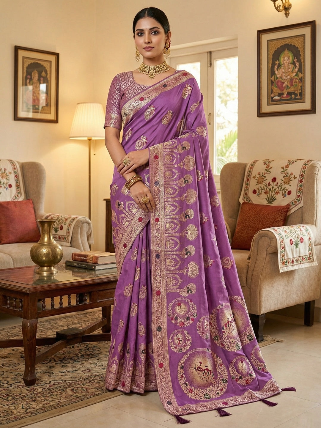 Purple Cotton Blend Saree featuring Exquisite Antique Peacock & Deer Motif Weaving With Grand Pallu - Image 1