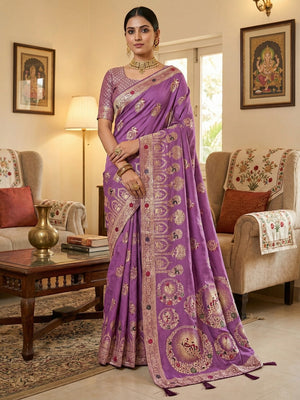 Purple Cotton Blend Saree featuring Exquisite Antique Peacock & Deer Motif Weaving With Grand Pallu - Image 1