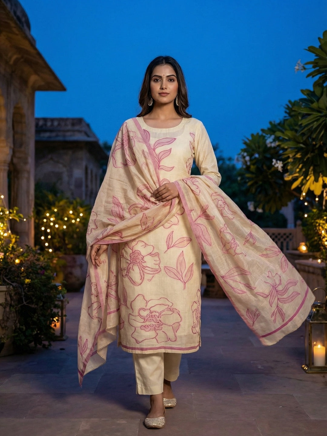 Graceful Cream & Pink Chanderi Cotton Suit Fabric with Floral Printed Dupatta - Image 1