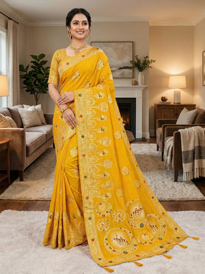 Mustard Cotton Blend Saree featuring Exquisite Antique Peacock & Deer Motif Weaving With Grand Pallu - Image 1