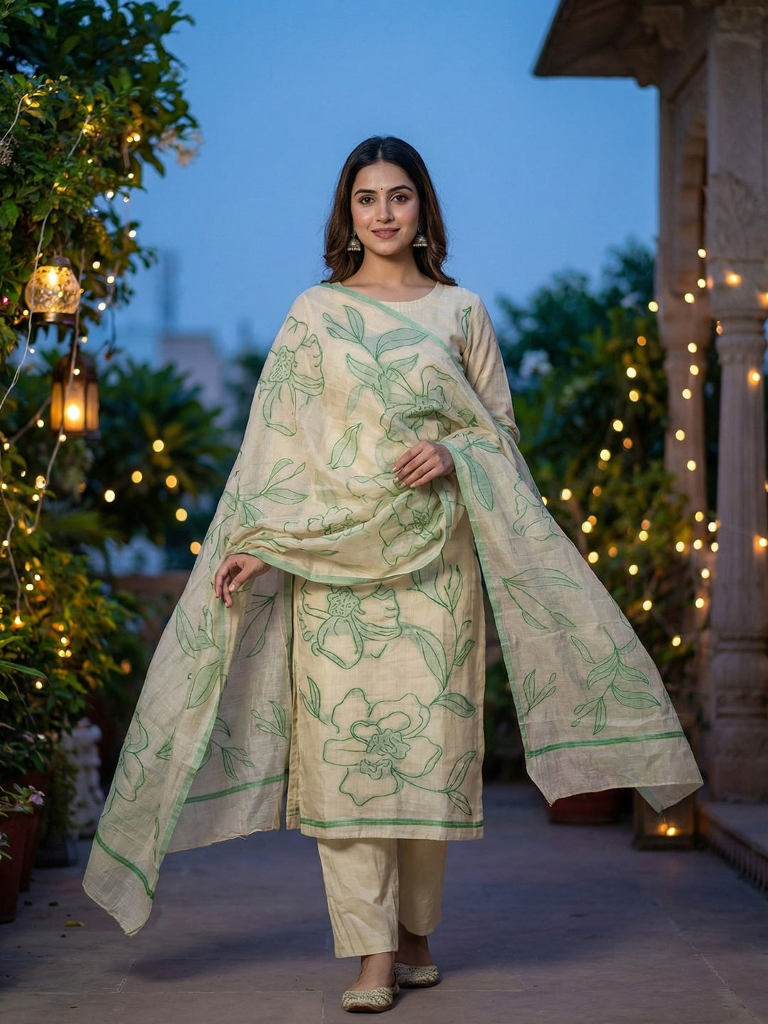 Graceful Cream & Green Chanderi Cotton Suit Fabric with Floral Printed Dupatta - Image 2