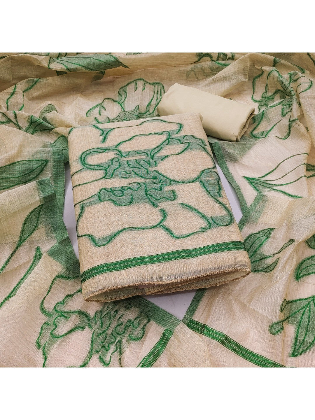 Graceful Cream & Green Chanderi Cotton Suit Fabric with Floral Printed Dupatta - Image 1