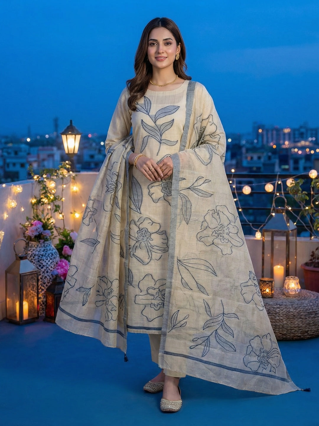 Graceful Cream & Grey Chanderi Cotton Suit Fabric with Floral Printed Dupatta - Image 1
