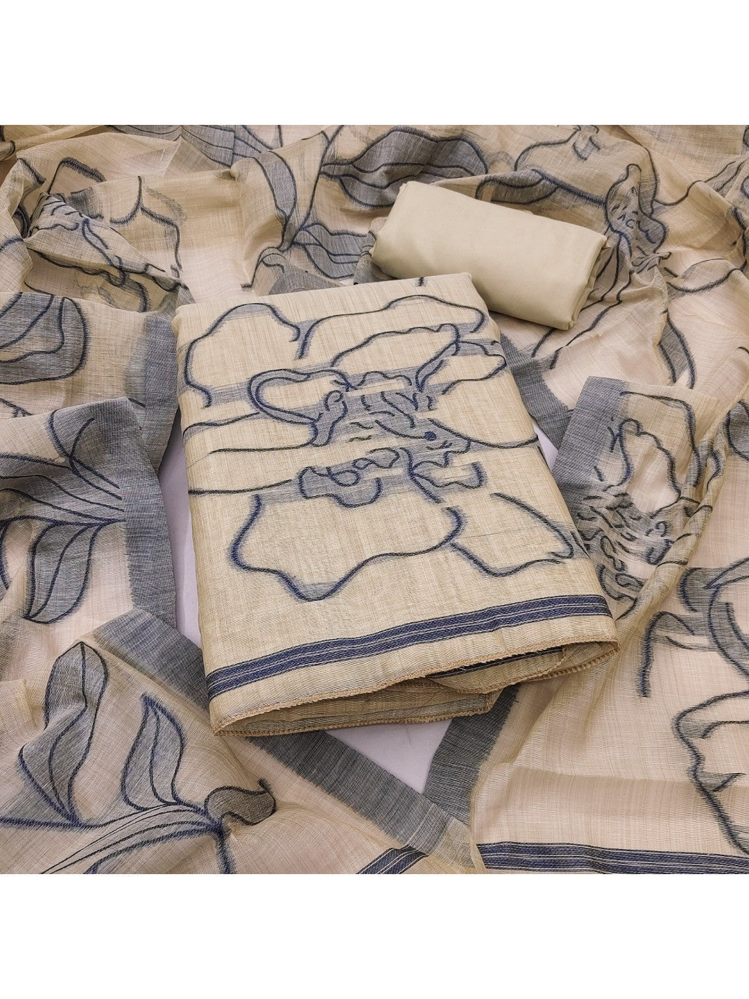 Graceful Cream & Grey Chanderi Cotton Suit Fabric with Floral Printed Dupatta - Image 4