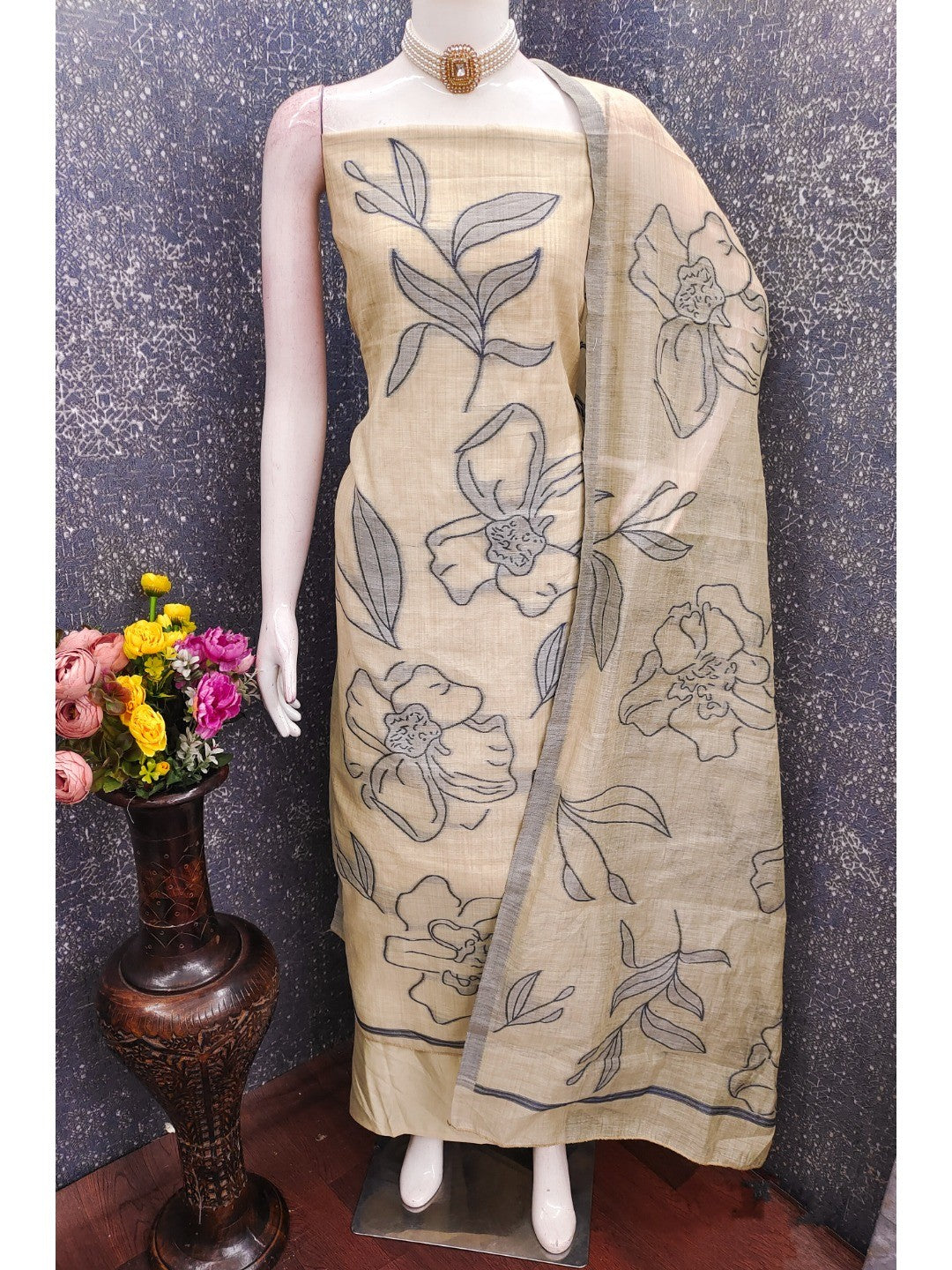 Graceful Cream & Grey Chanderi Cotton Suit Fabric with Floral Printed Dupatta - Image 2