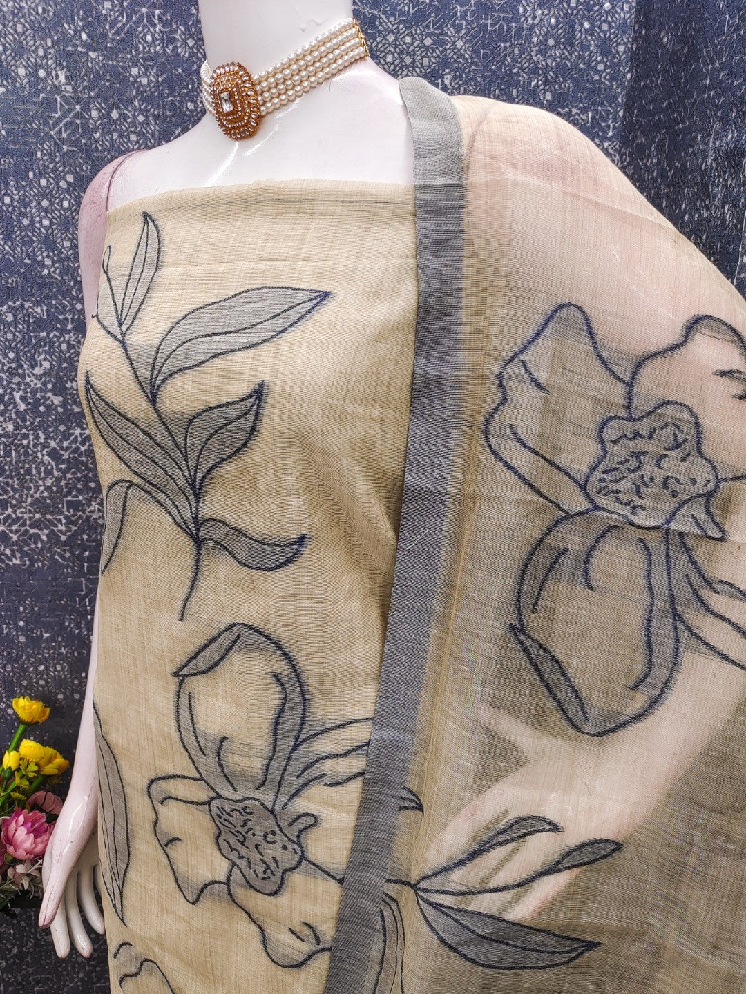 Graceful Cream & Grey Chanderi Cotton Suit Fabric with Floral Printed Dupatta - Image 3