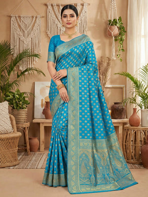 Luxurious Blue Jacquard Woven Lichi Pure Silk Saree Showcasing Floral & Paisley Pallu - Image 1