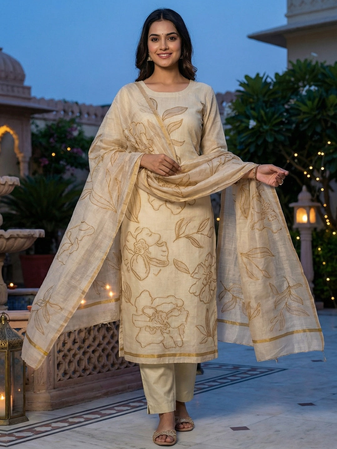 Graceful Cream & Brown Chanderi Cotton Suit Fabric with Floral Printed Dupatta - Image 2
