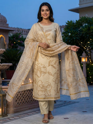 Graceful Cream & Brown Chanderi Cotton Suit Fabric with Floral Printed Dupatta - Image 2