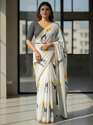 White Linen Cotton Saree Adorned with Vibrant Abstract Prints and Breezy Texture - Image 1
