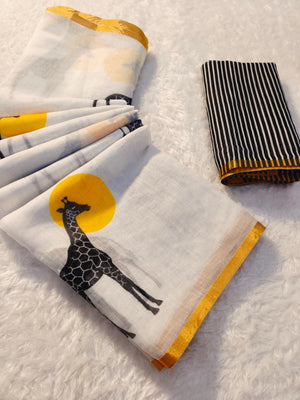White Linen Cotton Saree Adorned with Vibrant Abstract Prints and Breezy Texture - Image 2