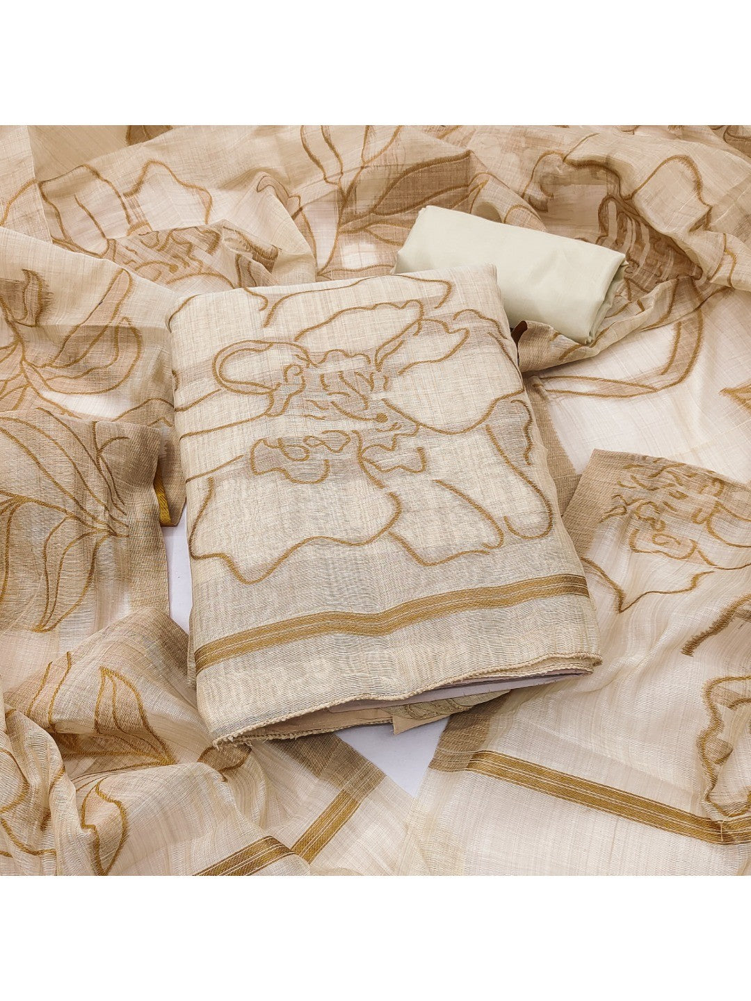 Graceful Cream & Brown Chanderi Cotton Suit Fabric with Floral Printed Dupatta - Image 1