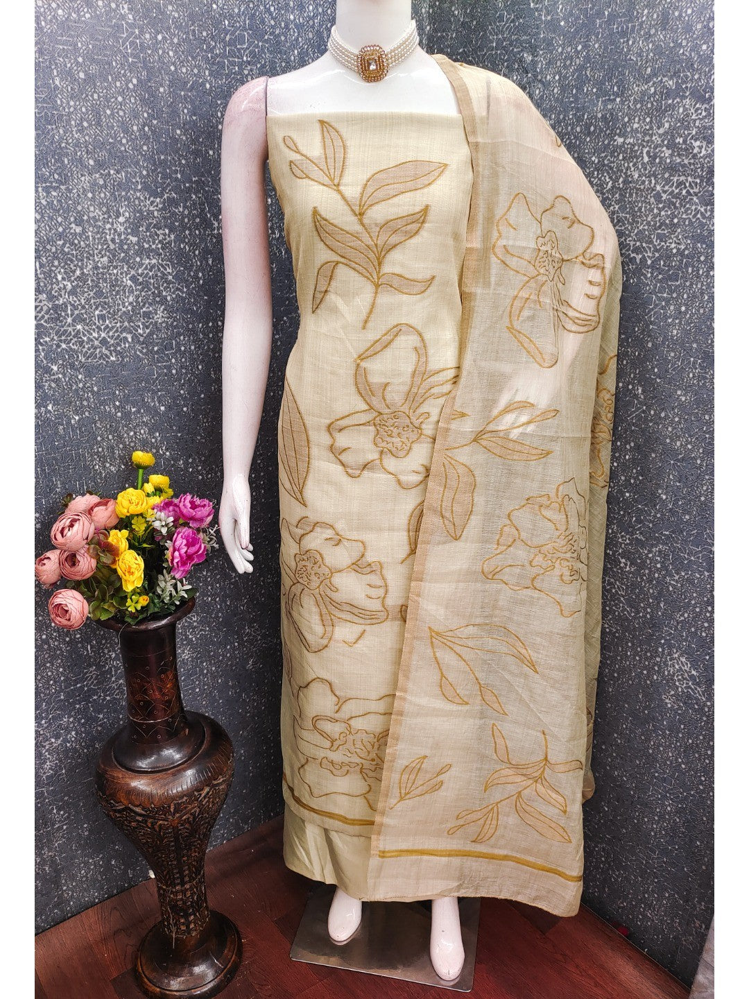 Graceful Cream & Brown Chanderi Cotton Suit Fabric with Floral Printed Dupatta - Image 4