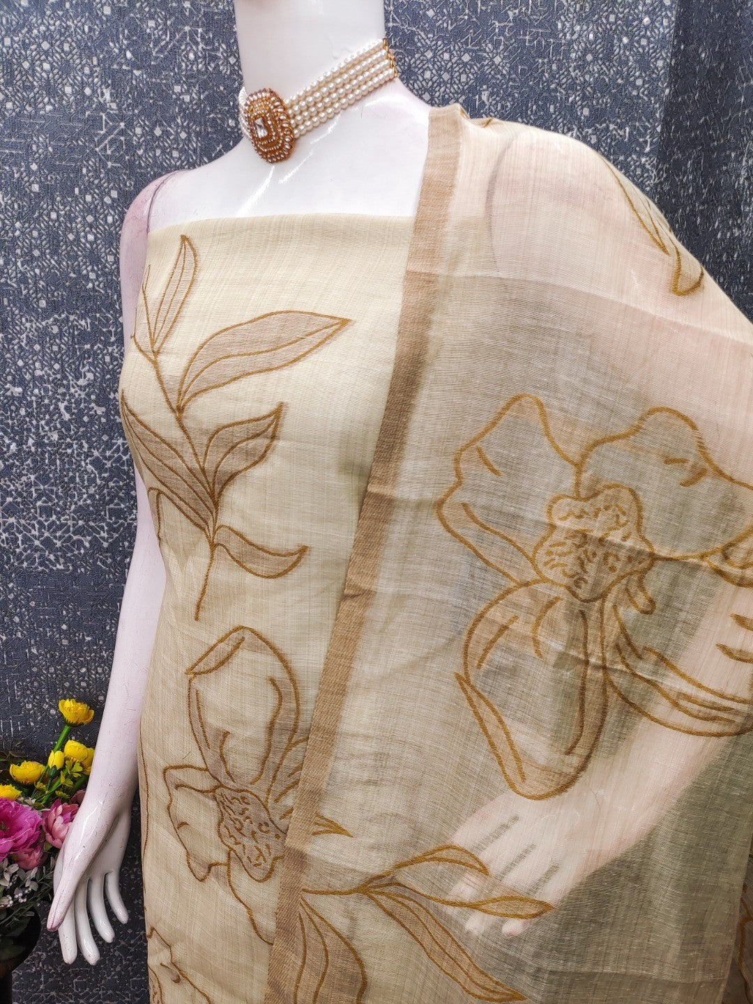 Graceful Cream & Brown Chanderi Cotton Suit Fabric with Floral Printed Dupatta - Image 3