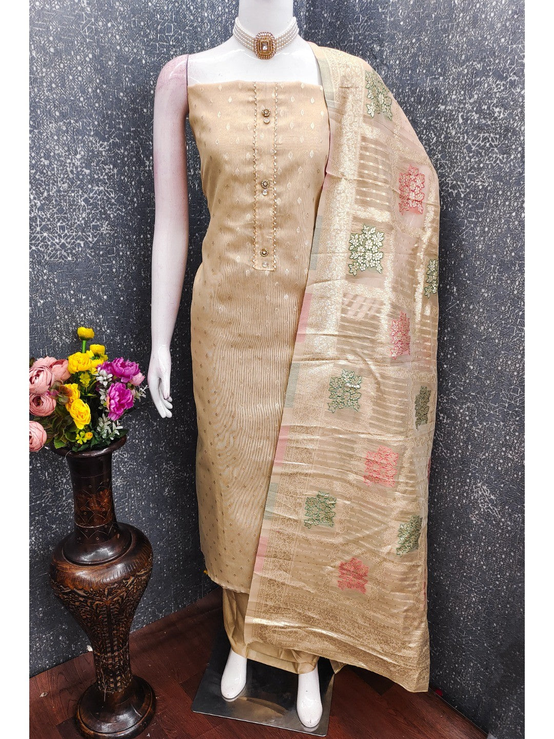 Elegant Beige Banarasi Silk Unstitched Dress Material with Dupatta - Image 4