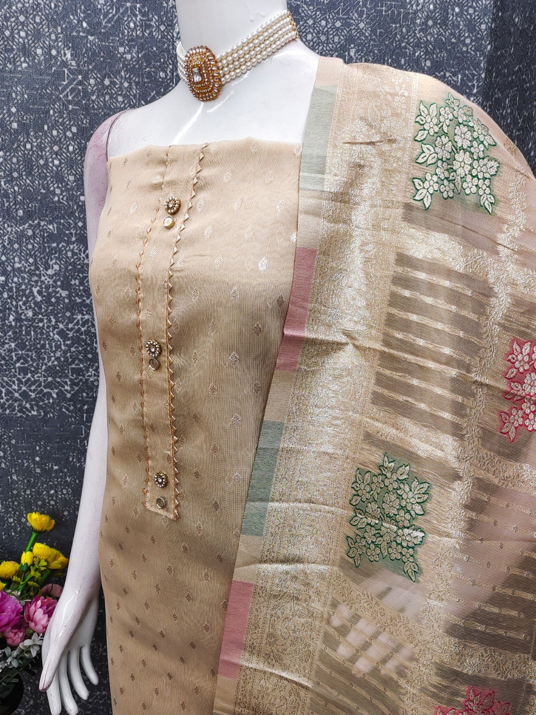 Elegant Beige Banarasi Silk Unstitched Dress Material with Dupatta - Image 3