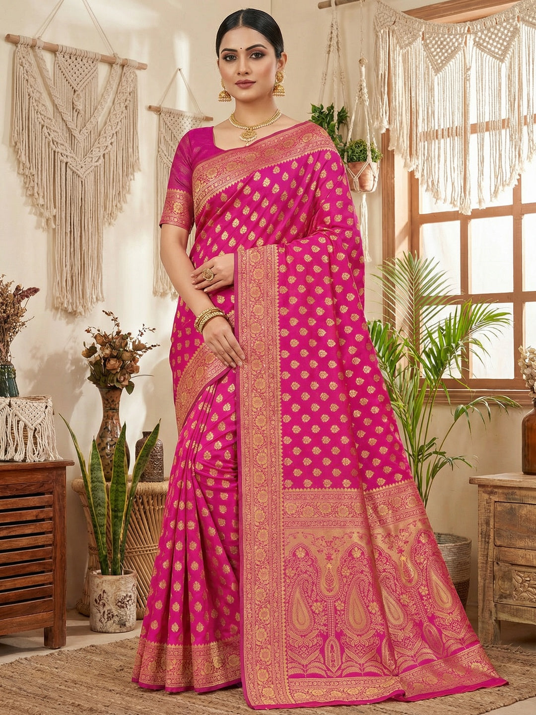 Luxurious Pink Jacquard Woven Lichi Pure Silk Saree Showcasing Floral & Paisley Pallu - Image 1