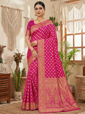 Luxurious Pink Jacquard Woven Lichi Pure Silk Saree Showcasing Floral & Paisley Pallu - Image 1