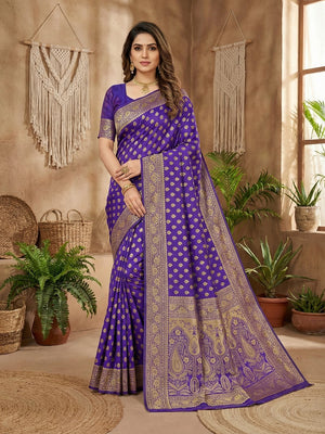 Luxurious Violet Blue Jacquard Woven Lichi Pure Silk Saree Showcasing Floral & Paisley Pallu - Image 1