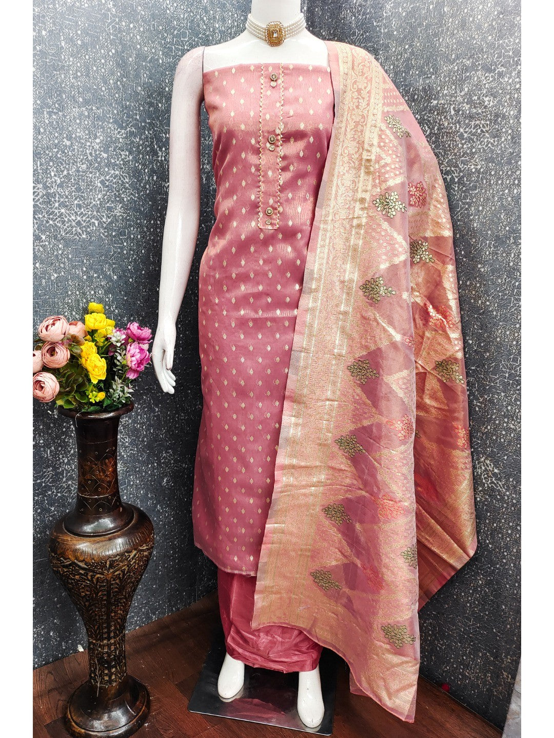 Elegant Pink Banarasi Silk Unstitched Dress Material with Dupatta - Image 3