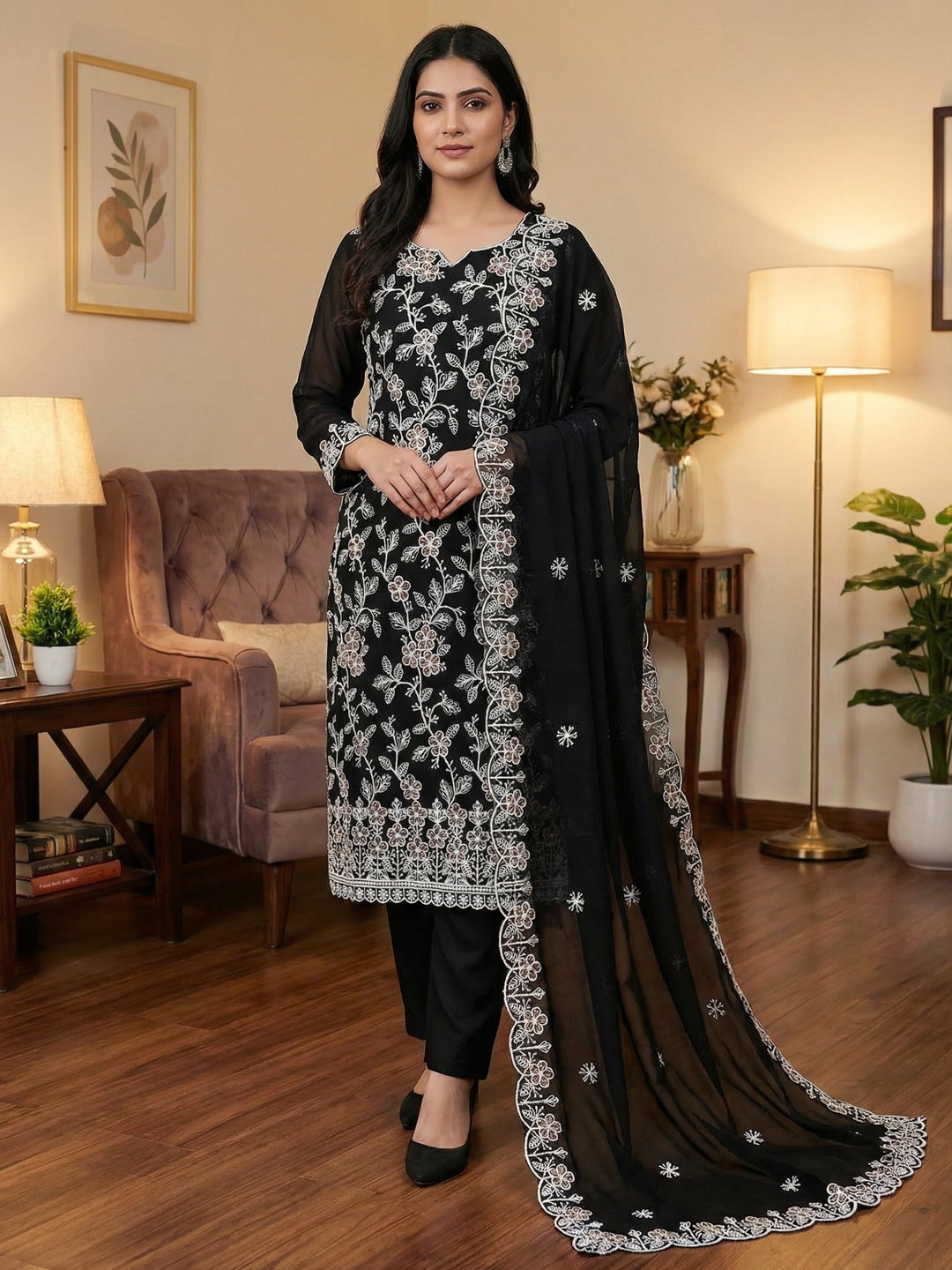 Classic Black Floral Thread Embroidery Georgette Dress Material For Timeless Ethnic Wear - Image 2
