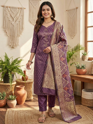 Elegant Purple Banarasi Silk Unstitched Dress Material with Dupatta - Image 2