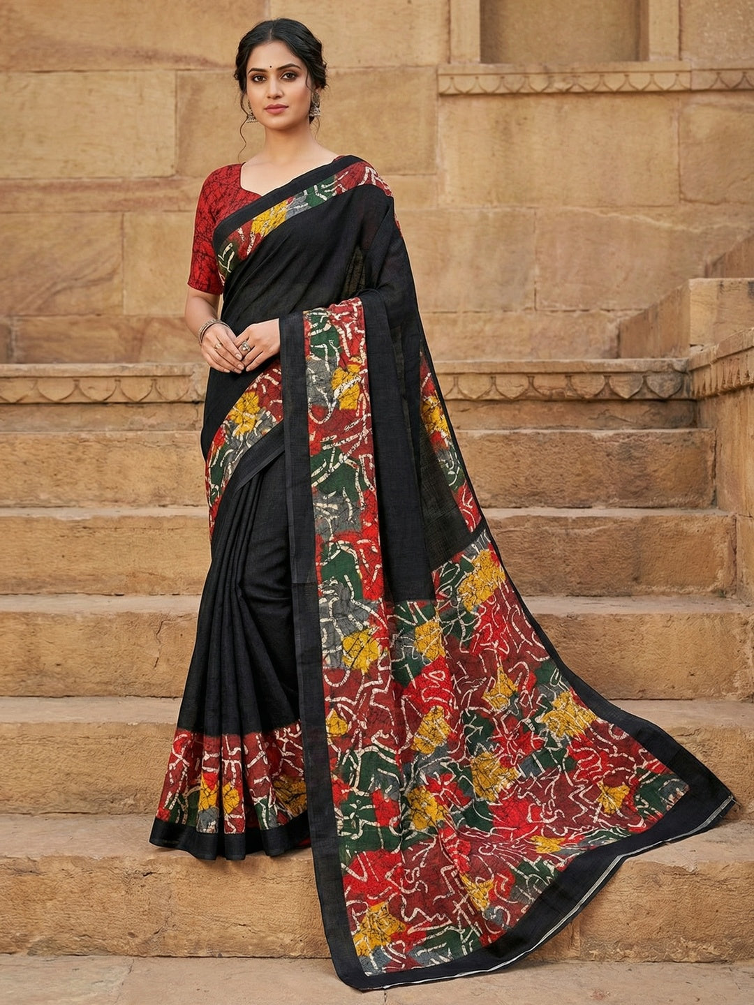 Modern Casual Wear Black Linen Saree with Statement Abstract Printed Styling - Image 1
