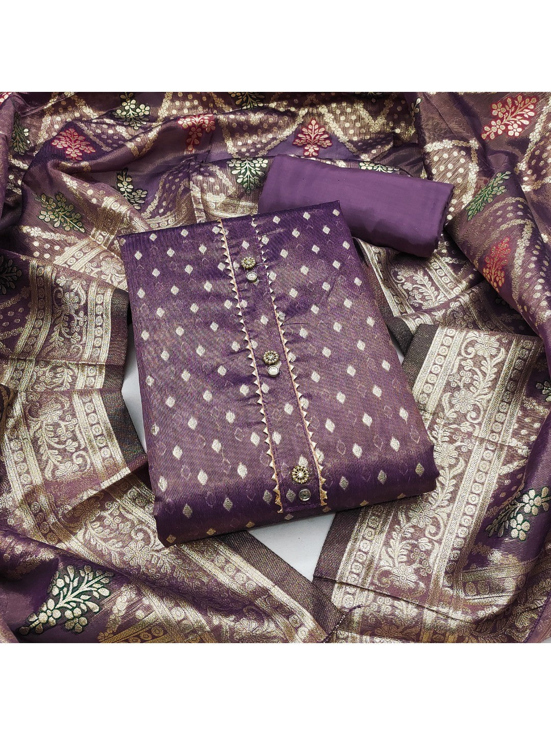 Elegant Purple Banarasi Silk Unstitched Dress Material with Dupatta - Image 1