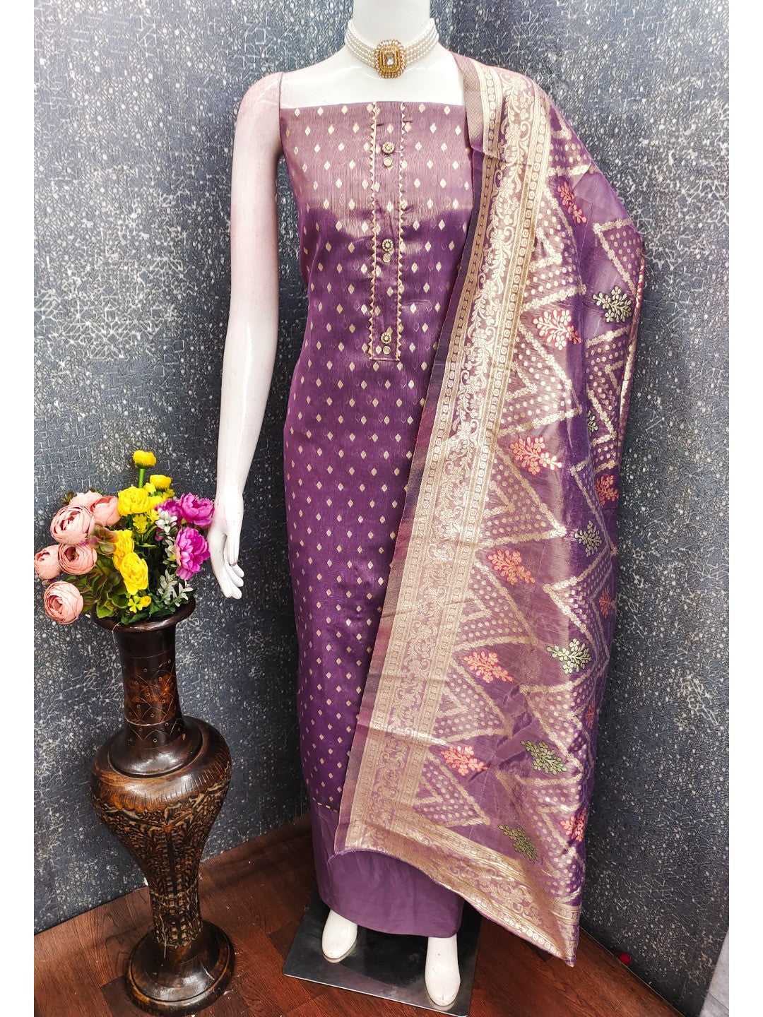 Elegant Purple Banarasi Silk Unstitched Dress Material with Dupatta - Image 4