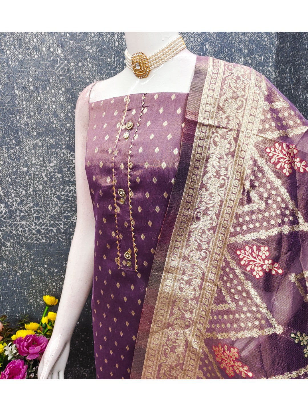 Elegant Purple Banarasi Silk Unstitched Dress Material with Dupatta - Image 3