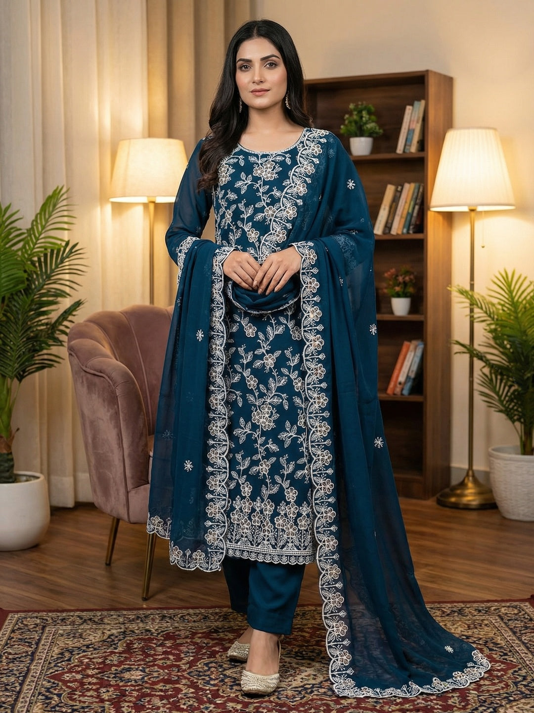 Classic Morpich Blue Floral Thread Embroidery Georgette Dress Material For Timeless Ethnic Wear - Image 2