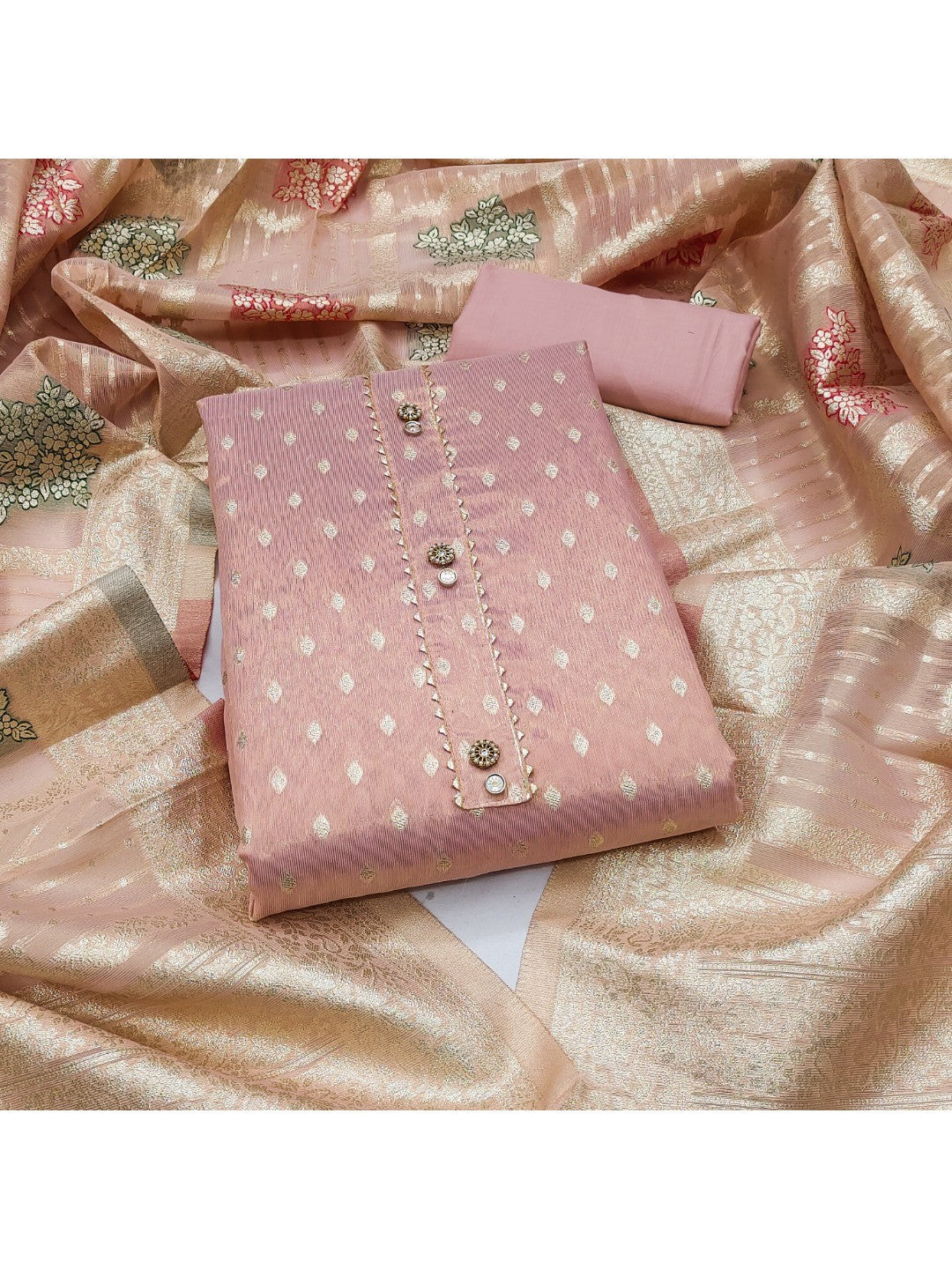Elegant Dusty Peach Banarasi Silk Unstitched Dress Material with Dupatta - Image 1