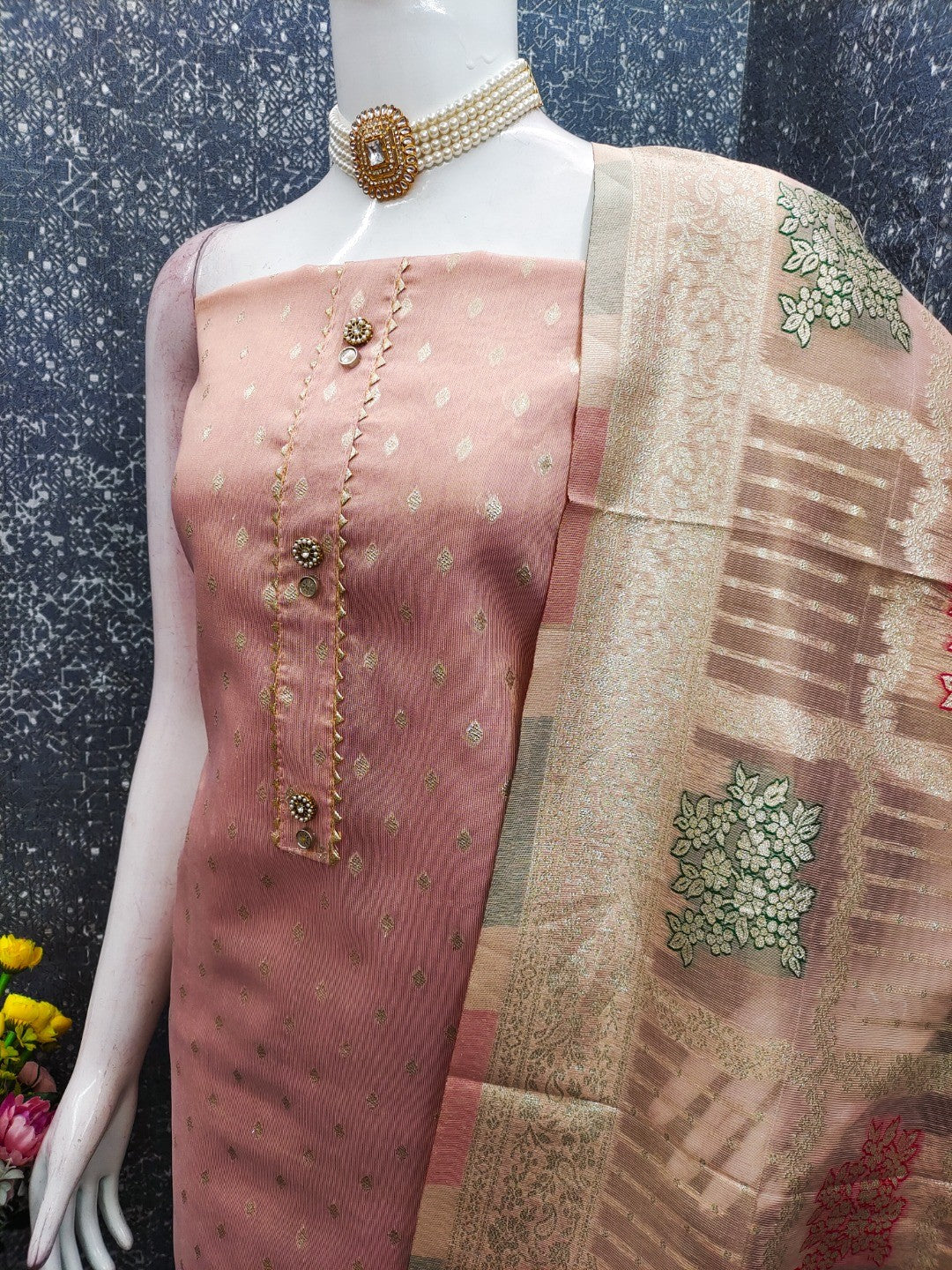 Elegant Dusty Peach Banarasi Silk Unstitched Dress Material with Dupatta - Image 4