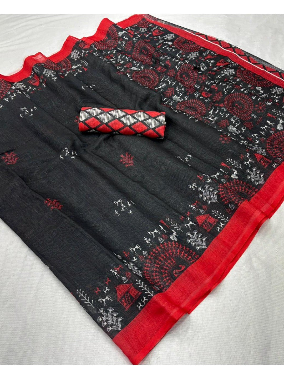 Modern Casual Wear Black Linen Saree with Statement Warli Printed Styling - Image 1