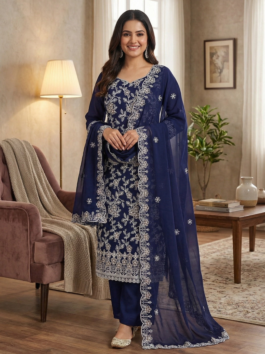 Classic Navy Blue Floral Thread Embroidery Georgette Dress Material For Timeless Ethnic Wear - Image 2