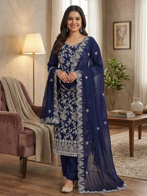 Classic Navy Blue Floral Thread Embroidery Georgette Dress Material For Timeless Ethnic Wear - Image 2