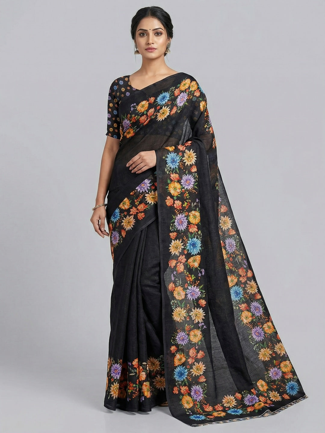 Black Floral Printed Linen Saree with Soft Texture for Comfortable Casual Styling - Image 1