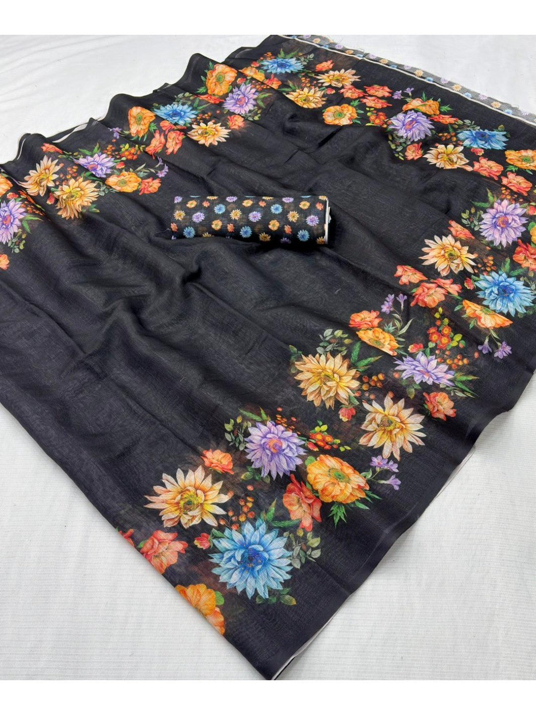 Black Floral Printed Linen Saree with Soft Texture for Comfortable Casual Styling - Image 2