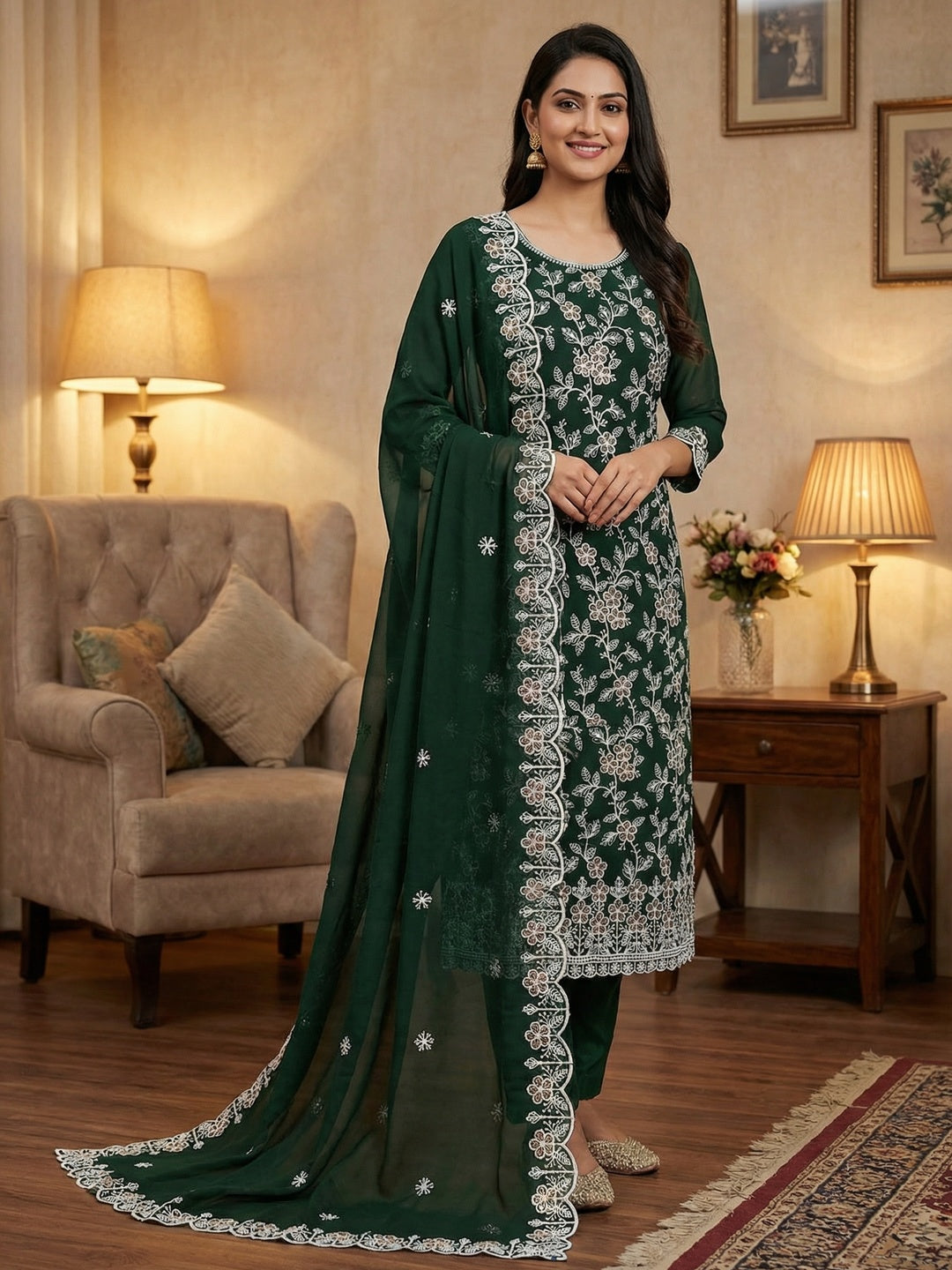 Classic Green Floral Thread Embroidery Georgette Dress Material For Timeless Ethnic Wear - Image 2