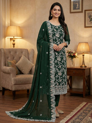 Classic Green Floral Thread Embroidery Georgette Dress Material For Timeless Ethnic Wear - Image 2