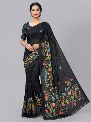 Lightweight Black Floral Printed Linen Saree with Smooth Drape for Daily Ethnic Fashion - Image 1
