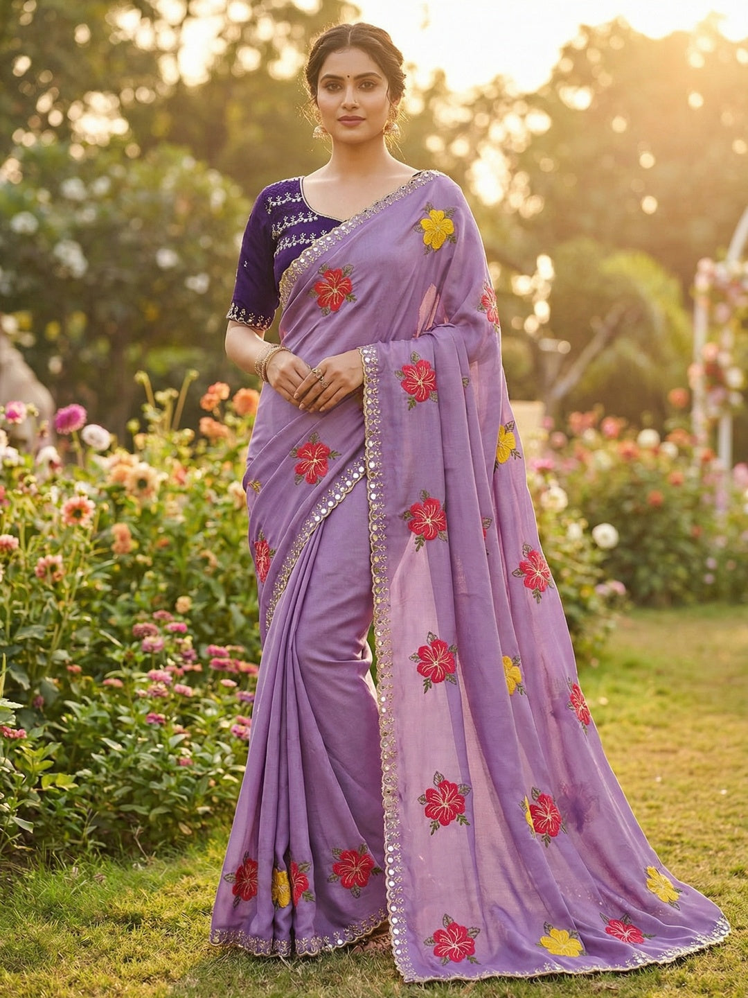 Purple Floral Thread Work Saree Viscose Beautiful Mirror Border Festive Glamour - Image 1