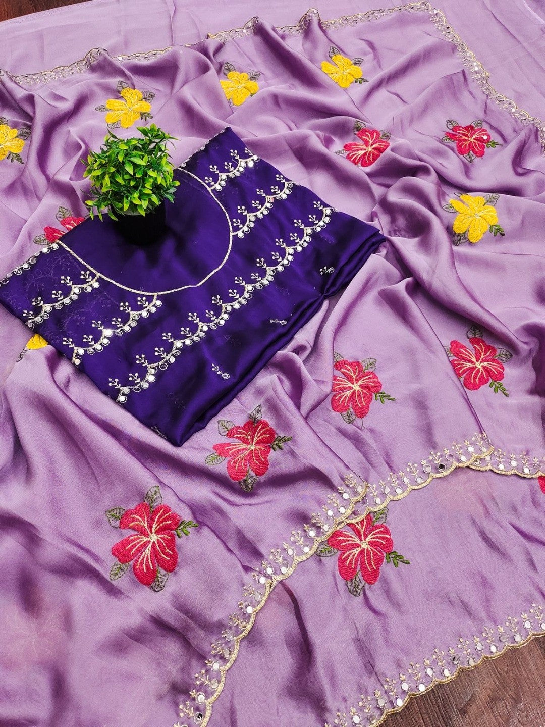 Purple Floral Thread Work Saree Viscose Beautiful Mirror Border Festive Glamour - Image 2