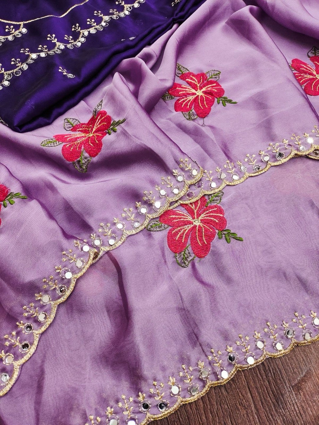Purple Floral Thread Work Saree Viscose Beautiful Mirror Border Festive Glamour - Image 3