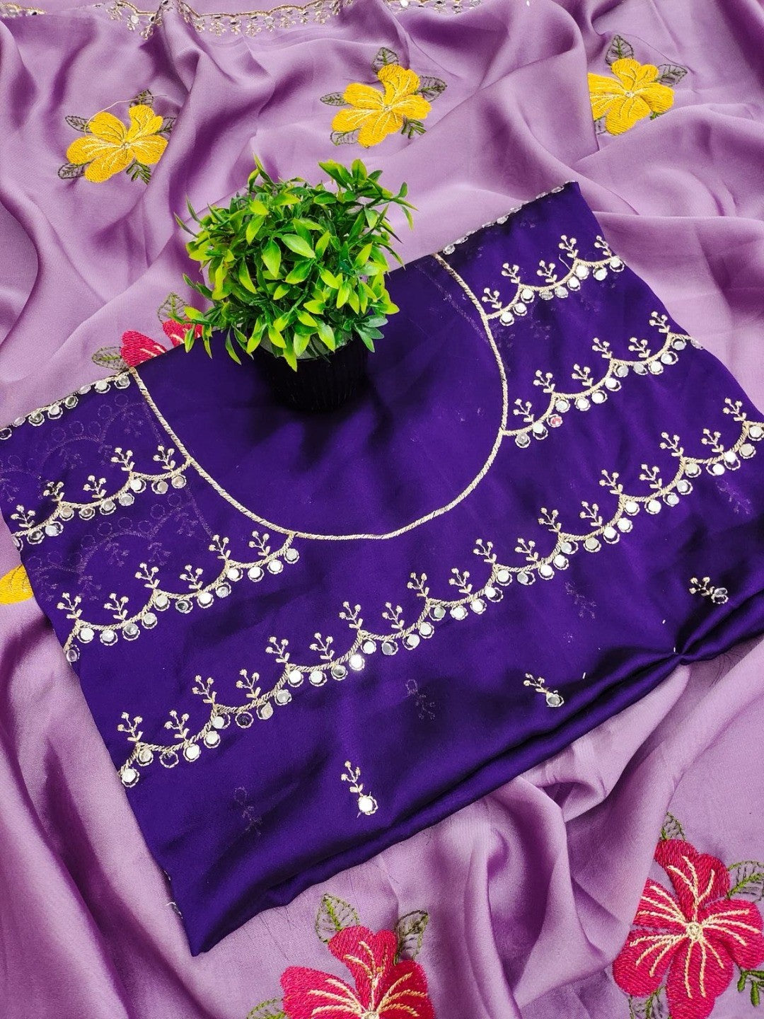 Purple Floral Thread Work Saree Viscose Beautiful Mirror Border Festive Glamour - Image 2
