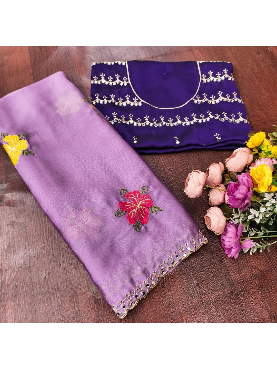Purple Floral Thread Work Saree Viscose Beautiful Mirror Border Festive Glamour - Image 3