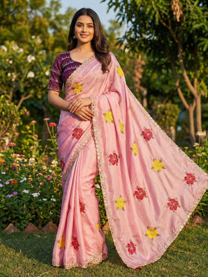 Pink Floral Thread Work Saree Viscose Beautiful Mirror Border Festive Glamour - Image 1